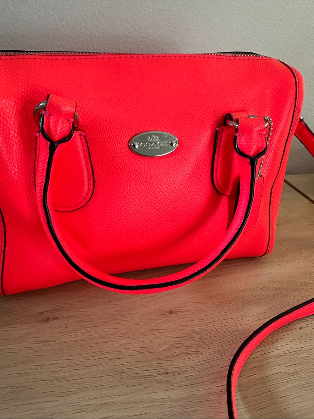 Coach Bright Neon Pink Pebbled Leather Satchel, Mini Bennett Handbag - Picture 3 of 12